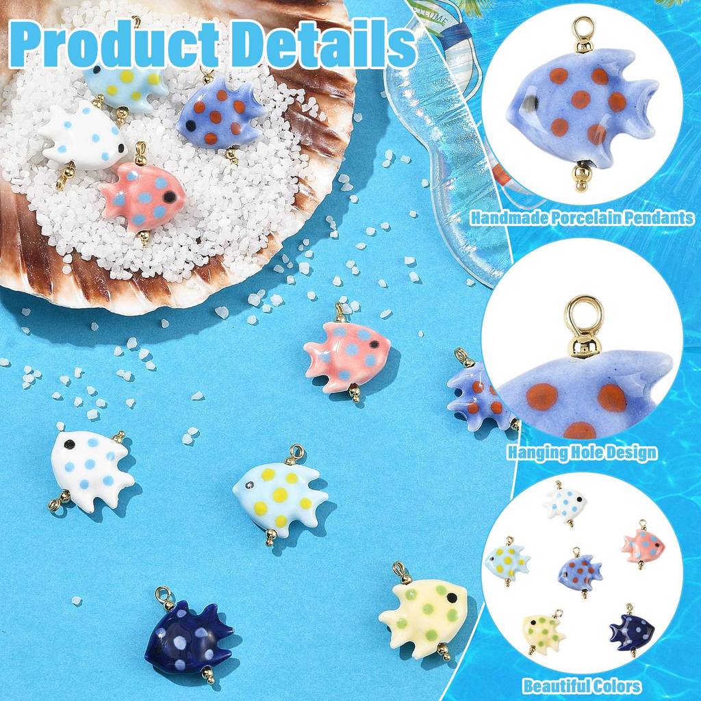 10pcs Handmade Porcelain Pendants with Stainless Steel Findings